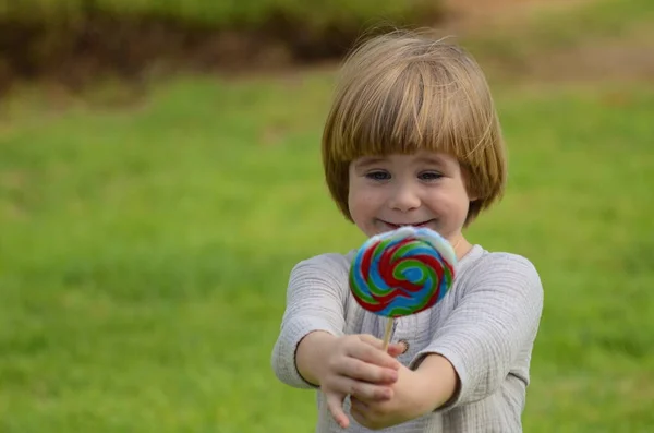 Emotions Child Portrait Little Positive Boy Big Candy Stick Multi — Foto de Stock