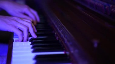Close-up female hands playing the piano. Fingers on piano keys. Classical music performance, solfeggio lesson, professional. slow motion
