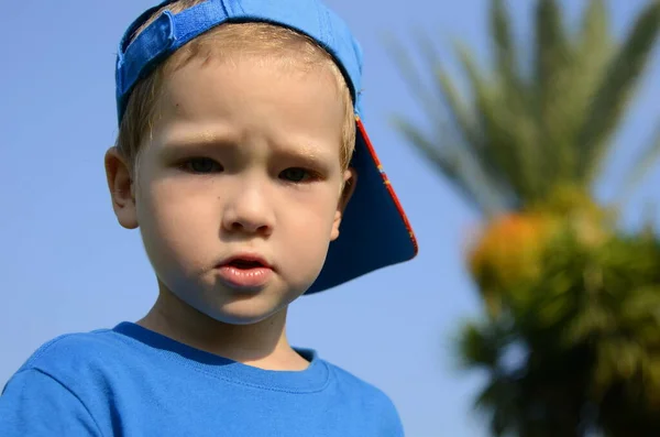 Portrait Little Boy Emotions Child Smile Sadness Thoughtful Look Blond — Stockfoto