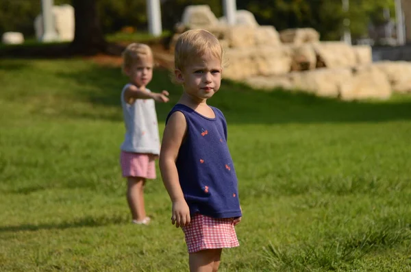 Twin Girls Sisters Two Years Old Cute Positive Kids Play — Fotografia de Stock