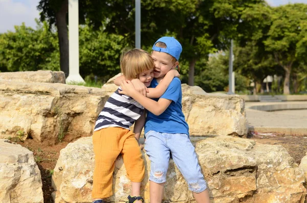 Brothers Hug Each Other Two Little Boys Laughing Concept Friendship — Foto de Stock
