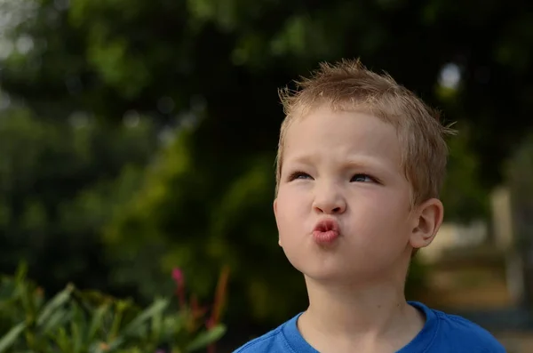 Portrait Little Boy Emotions Child Smile Sadness Thoughtful Look Blond — Stockfoto