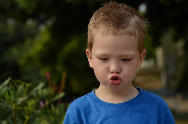 Portrait Little Boy Emotions Child Smile Sadness Thoughtful Look Blond — 스톡 사진