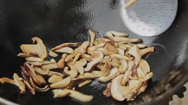 Close View Sauteed Slices Common Mushrooms Agaricus Bisporus Cooking Pan — Video Stock