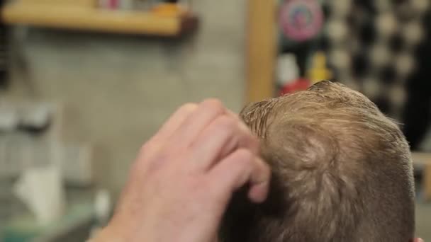 Barbershop Hairdresser Combs Hair Man Sitting His Back New Haircut — Stok video