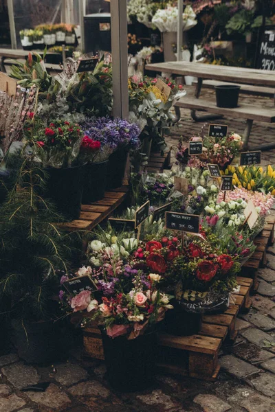 Çiçek pazarında satılan saksılarda çiçek açan bir sürü çiçek var.