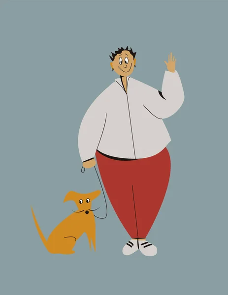 Vector Illustration Smiling Woman Holding Dog Leash — Stockový vektor