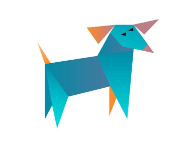 Vektör illüstrasyonu: beyaz arka planda mavi, turuncu ve mor geometrik şekilli köpek