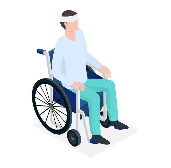 包帯頭を持つ病気の患者の文字,男性が座っている無効な馬車屋外健全な歩行等角3Dベクトルイラスト,白に隔離. — ストックベクタ