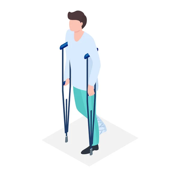 Hombre paciente carácter con la pierna rota, hombre caminando muletas, salud médica rehabilitación isométrica 3d vector ilustración, aislado en blanco. — Vector de stock