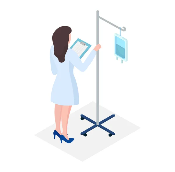 Kobieta profesjonalna pielęgniarka postać karta zdrowia medycznego, kobieta lekarz umieścić kroplomierz izometryczny 3d wektor ilustracji, izolowane na białym. — Wektor stockowy