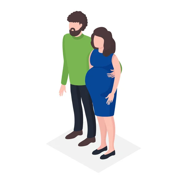 Ung familj väntar förlossning barn, stående gravid kvinna och far karaktär, pediatrik isometrisk 3d vektor illustration, isolerad på vit. — Stock vektor