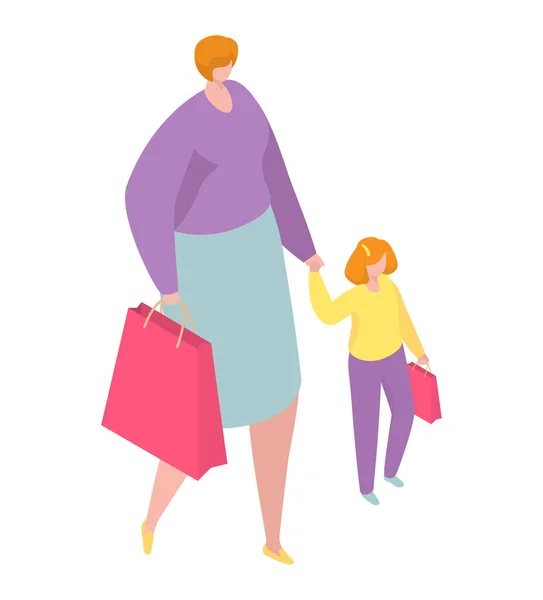 Madre carácter caminando con hija, mamá paseo compras hembra mantenga la ropa bolsa isométrica 3d vector ilustración, aislado en blanco. — Vector de stock