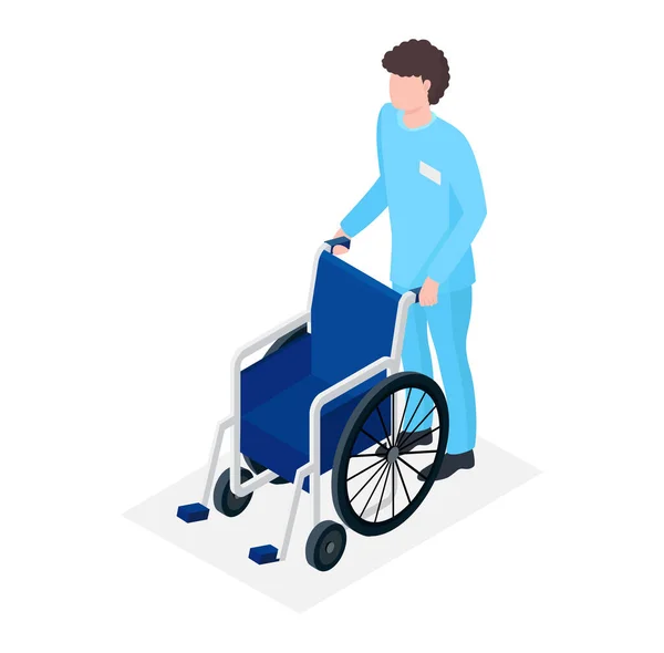 El carácter masculino de la enfermera lleva la silla de ruedas, cuidado profesional del paciente del doctor del hombre, ilustración isométrica del vector 3d de la atención sanitaria, aislada en blanco. Ilustraciones de stock libres de derechos