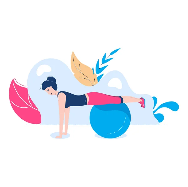 Mujer practica yoga actividad física, personaje femenino entrenamiento fitness ball dibujo animado vector ilustración, aislado en blanco. — Vector de stock