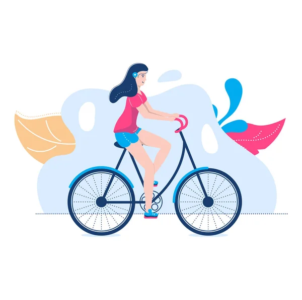 Giovane donna che allena la bicicletta, parco all'aperto attività fisica, personaggio femminile sano corpo allenamento cartone animato vettoriale illustrazione, isolato su bianco. — Vettoriale Stock