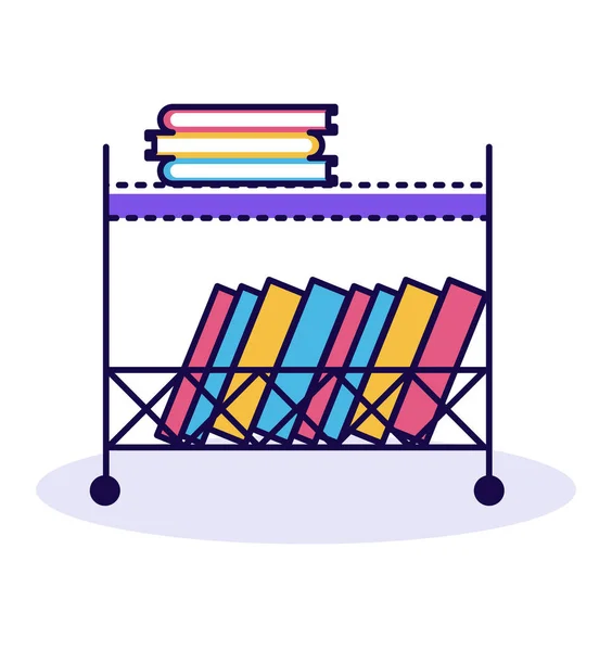 概念书架，附有各种学习书、线型学校课本和手册的书架平面矢量插图，在白色上隔离. — 图库矢量图片