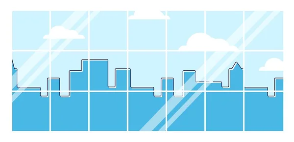 Концепція ясного вигляду неба міський хмарочос від підлоги до стелі вікна, плоска векторна лінія синя ілюстрація міського пейзажу, ізольована на білому . — стоковий вектор