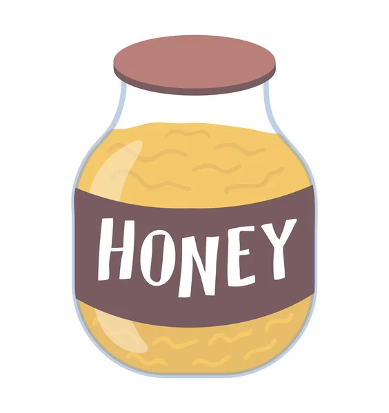 Tarro de miel de abeja con icono de texto, dulce banco orgánico postre natural mead ilustración vector de dibujos animados, aislado en blanco. — Vector de stock