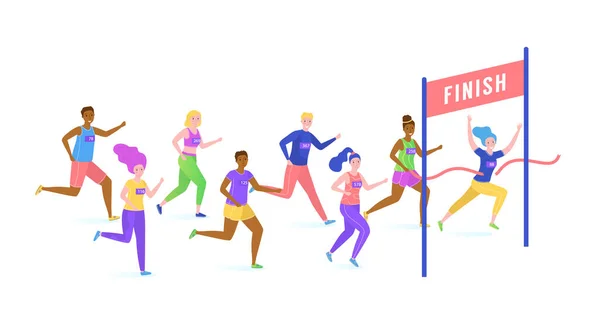 Sportsman kör utomhus, grupp människor tillsammans fysisk aktivitet, manliga kvinnliga karaktär tecknad vektor illustration, isolerad på vit. — Stock vektor