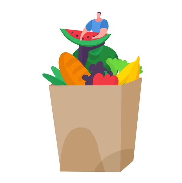 Drobný muž sedí ekologie s potravinami taška supermarket, mužský znak držet plátek meloun kreslený vektor ilustrace, izolované na bílém. — Stockový vektor