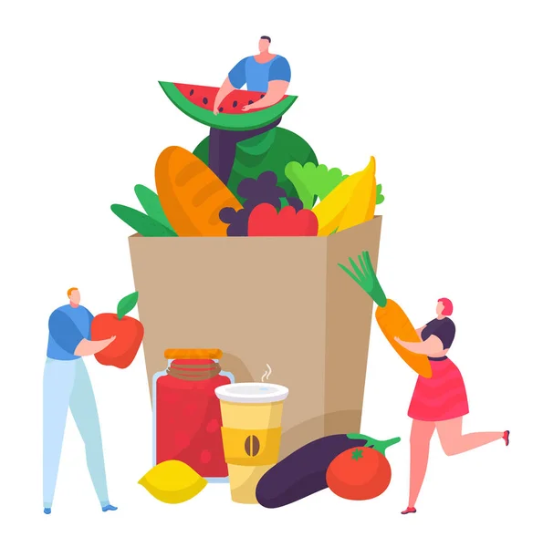 Karakter kecil paket wanita ekologi buah organik, sayuran dan makanan Kartun vektor gambar, terisolasi pada warna putih. - Stok Vektor
