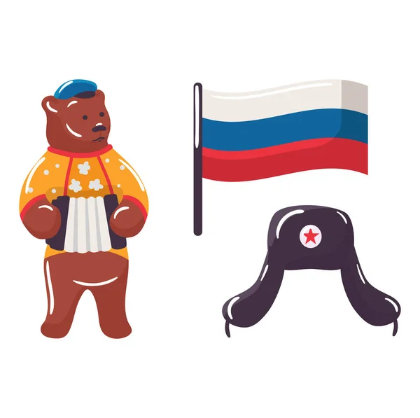 Material eslavo estereotipado, urso ushanka chapéu segurar e jogar acordeão, bandeira nacional russa desenho animado vetor ilustração, isolado em branco. —  Vetores de Stock