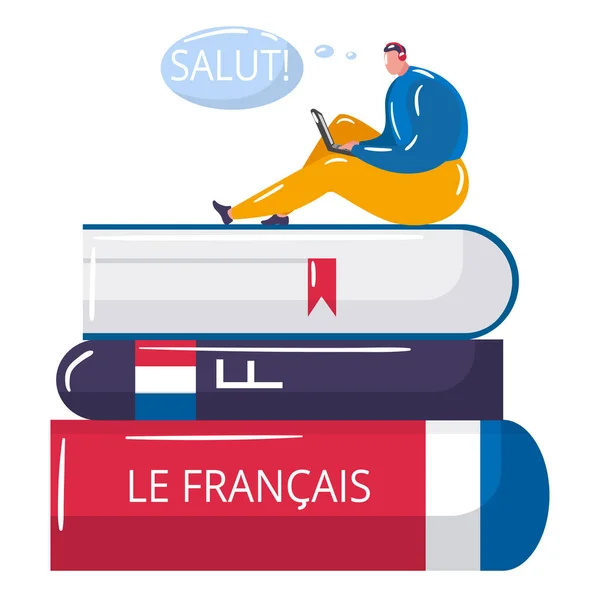 Молодой студент онлайн изучает французский язык, крошечные мужские персонажи сидящие книги стопку мультипликационных векторных иллюстраций, изолированные на белом. — стоковый вектор