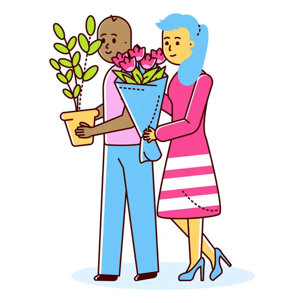 Internationation moderní rodinný pár, samice držet kytice květiny a samec nést domů květináč rostliny linie plochý vektor ilustrace, izolované na bílém. — Stockový vektor