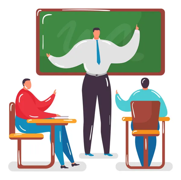 École concept de classe, enseignant caractère enseignant homme enseignant étudiant homme, enseignement scolaire ligne illustration vectorielle plat, isolé sur blanc. — Image vectorielle