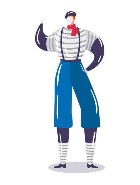 Hombre personaje concepto pantomima, francés mimo masculino lenguaje de señas de pie ilustración vector de dibujos animados, aislado en blanco. — Vector de stock
