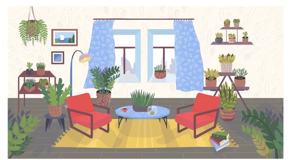 Дизайн уютный номер концепции, гостиная комната с органическими зелеными цветочными растениями горшок, красный кресло мультфильм векторные иллюстрации, изолированные на белом. — стоковый вектор