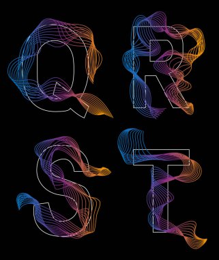 Gradyan dizaynlı alfabe. Siyah arka plan. Neon harfler.