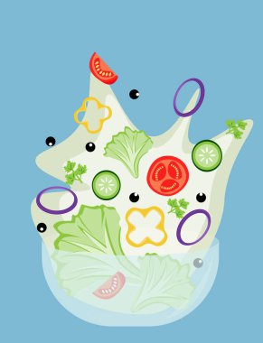 Salata için sebze. Domates, salatalık, biber, soğan, marul, baharat, beyaz sos..