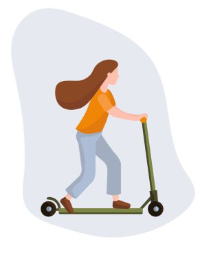 Çevredeki ekolojik elektrik taşımacılığı kavramı. Elektrikli scooterlı bir adam. Düz stil vektör çizimi.