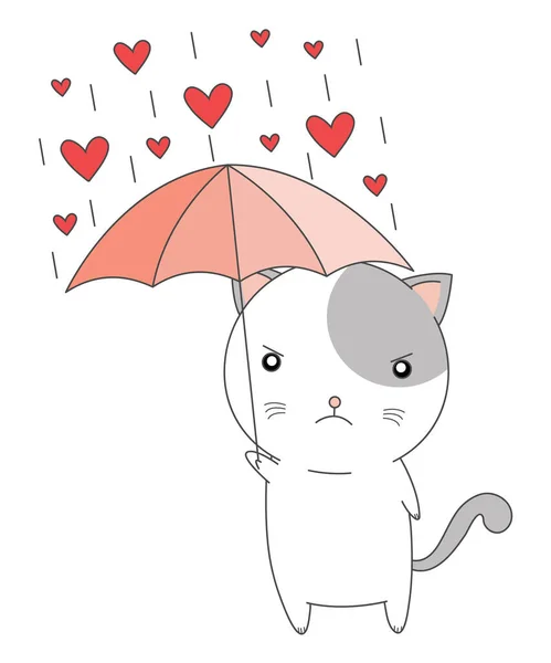 Valentine Cat Cat Κουβαλώντας Ομπρέλα Rain Hearts — Διανυσματικό Αρχείο