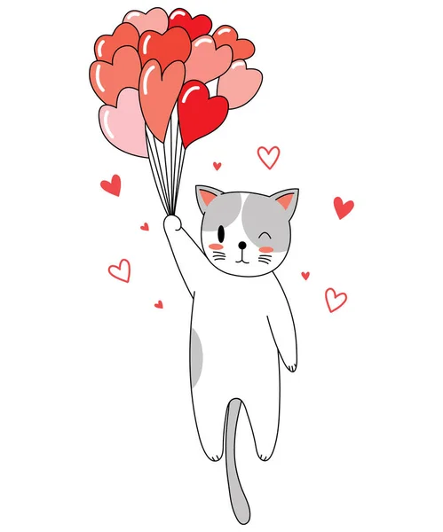 Gatto Carino San Valentino Gatto Kawaii Con Palloncini Forma Cuore — Vettoriale Stock