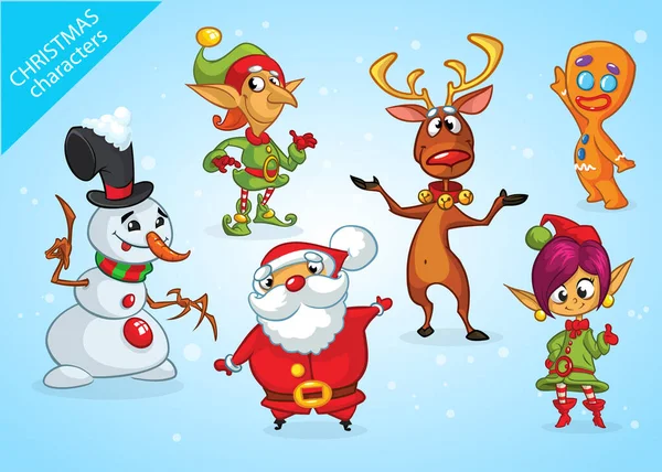 Zestaw Bożonarodzeniowych Postaci Kreskówek Ilustracje Świętego Mikołaja Renifera Elfa Bałwana — Wektor stockowy