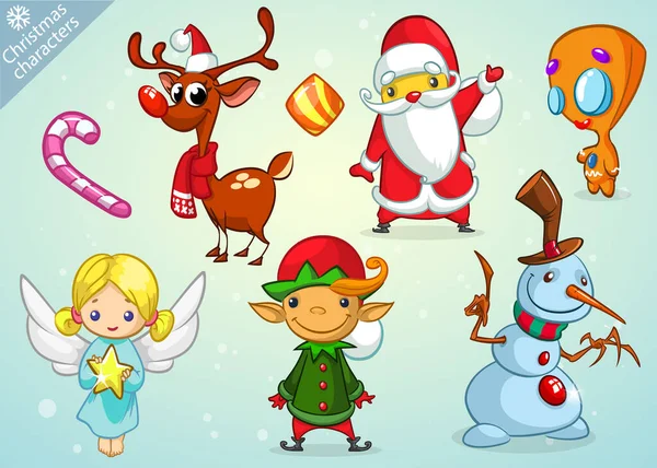 Conjunto Personajes Dibujos Animados Navidad Iconografías Papá Noel Reno Elfo — Vector de stock
