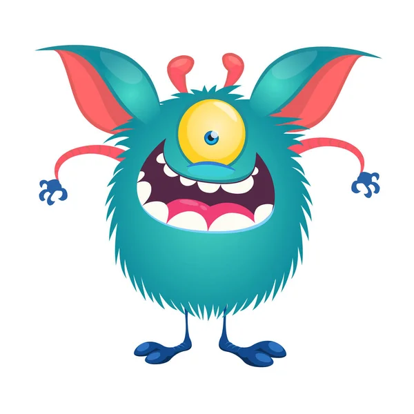 Feliz Monstro Dos Desenhos Animados Vector Halloween Azul Alienígena — Vetor de Stock