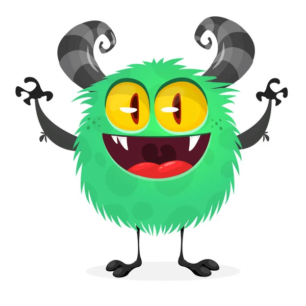 Monstruo Dibujos Animados Enojado Halloween Vector Verde Monste Con Cuernos — Vector de stock