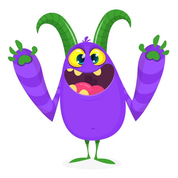 Gelukkig Cool Cartoon Vet Monster Gehoornde Vector Monster Karakter — Stockvector