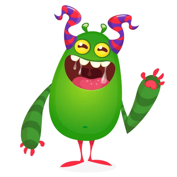 Happy Cool Cartoon Fat Monster Horned Vector Monster Character — Stock Vector