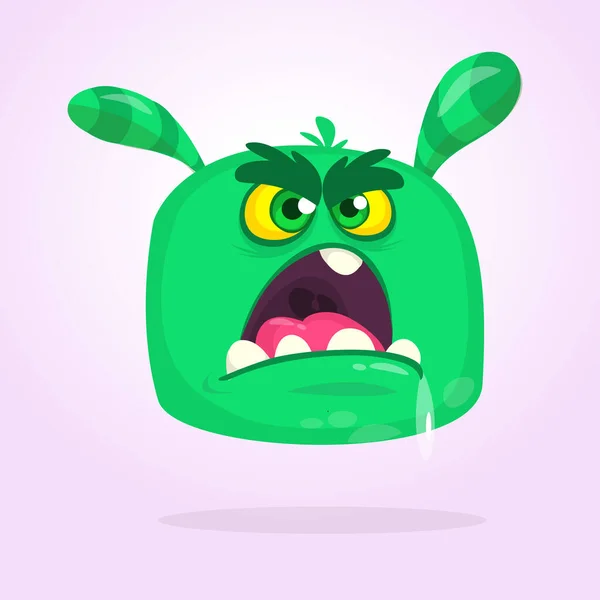 Cartoon Green Horned Monster Angry Expression Opened Mouth Full Saliva — Stock Vector