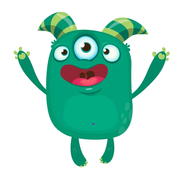 Зеленый Смешной Счастливый Мультяшный Монстр Зеленый Вектор Инопланетного Характера Тремя — стоковый вектор