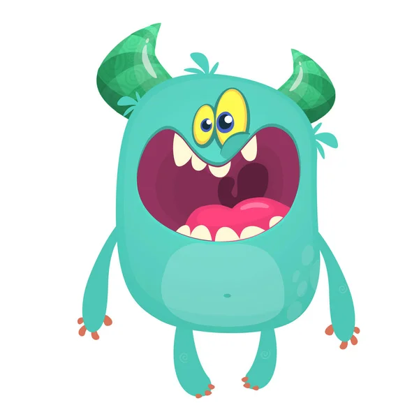 Feliz Legal Cartoon Monstro Gordo Personagem Monstro Vetor Azul Chifre — Vetor de Stock
