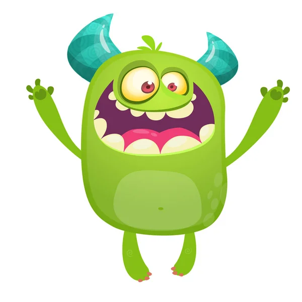 Kreskówkowy Zielony Potwór Ilustracja Potwora Trolla Zdumionym Wyrazem Twarzy Szokujący — Wektor stockowy