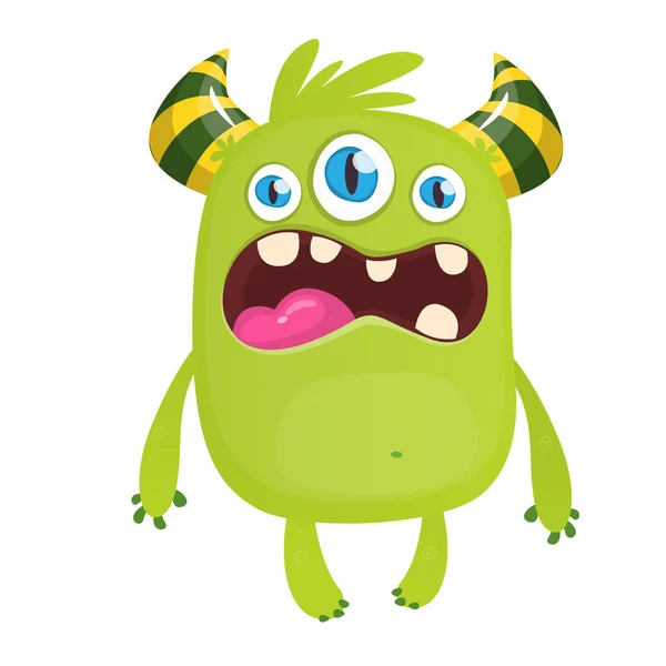Boos Groen Cartoon Monster Met Hoorns Drie Ogen Grote Verzameling — Stockvector