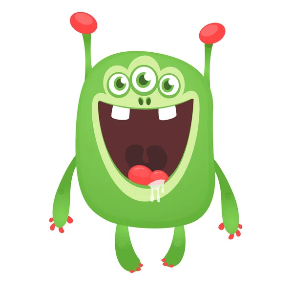 Green Funny Happy Cartoon Monster Green Vector Alien Character Halloween — Stock Vector