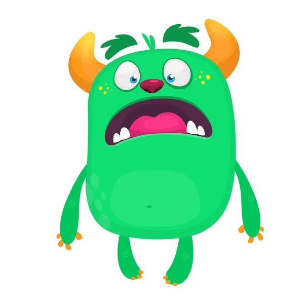 Cartoon Groen Monster Monsterillustratie Met Verrassende Expressie Schokkende Groene Gremlin — Stockvector